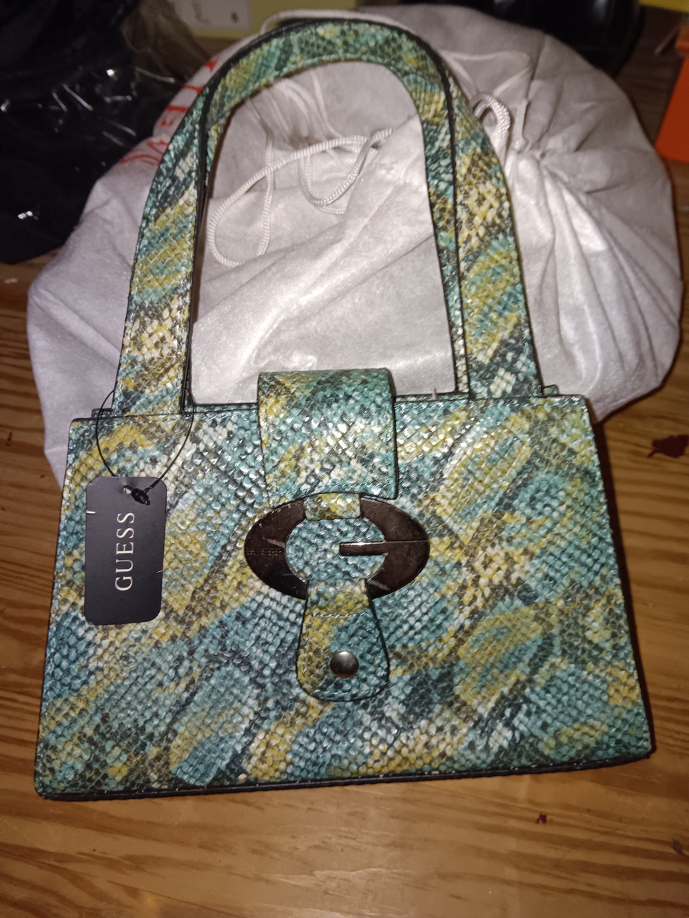 GUESS Teal Snake-Print Mini Tote Bag